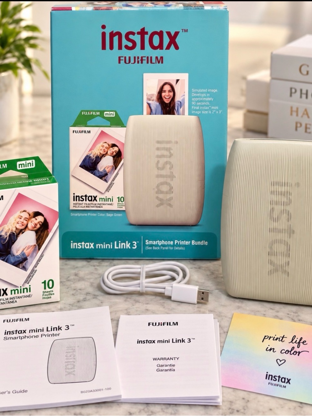 Fujifilm instax mini Link 3 Smartphone Printer - Sage Green & Teal Box